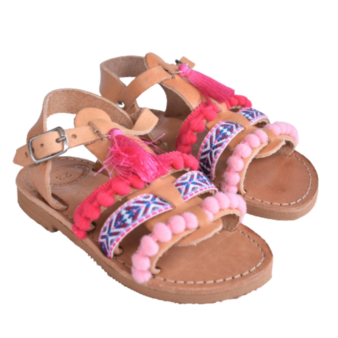 Picture of Kids leather sandals gladiator pink with tassels No 20, 24