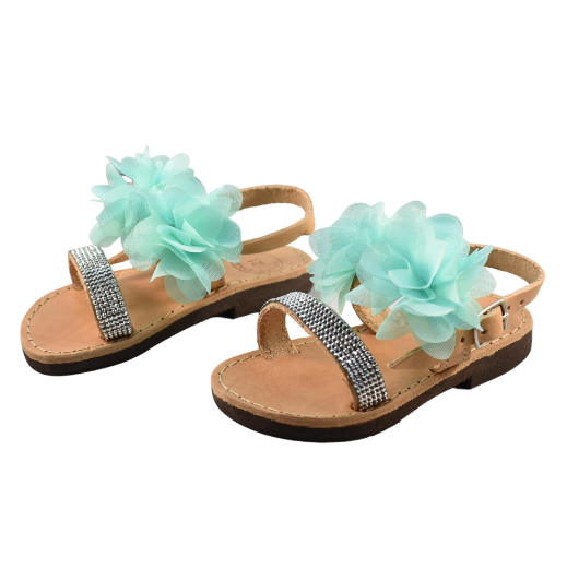 Picture of Ηandmade kids leather sandals with mint flowers No 21, 27, 32