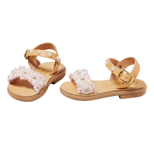 Picture of Handmade girls sandals pink with pearls No 23