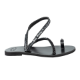 A black sandal with two crisscrossing upper straps and a toe loop, adorned with small beads or decorative elements.