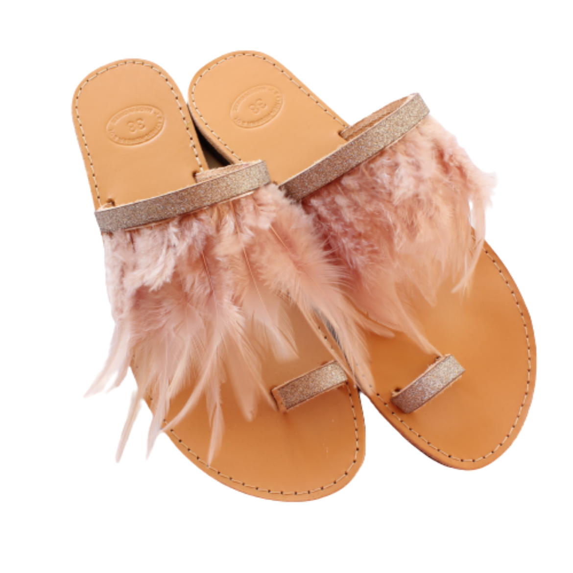 Picture of Handmade woman leather sandals with beige feathers No 38