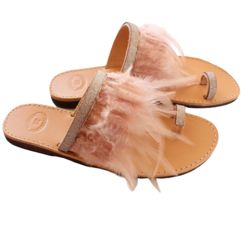 Picture of Handmade woman leather sandals with beige feathers No 38