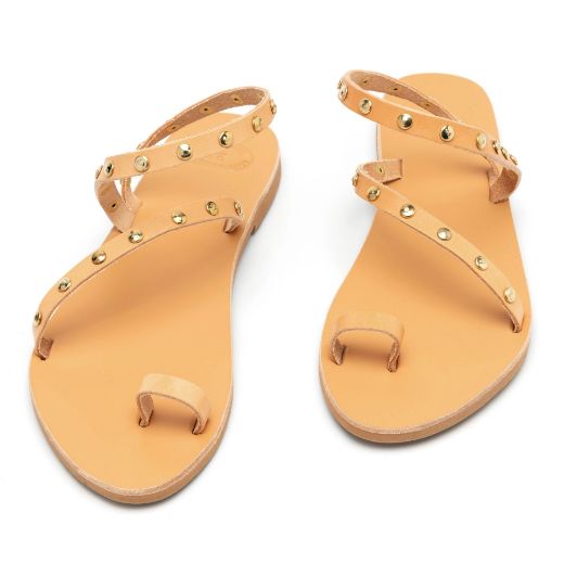 Picture of Handmade woman leather sandals beige with studs No 38