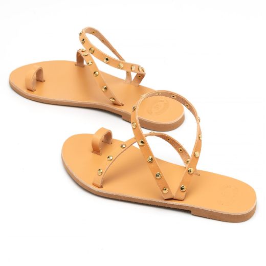 Picture of Handmade woman leather sandals beige with studs No 38