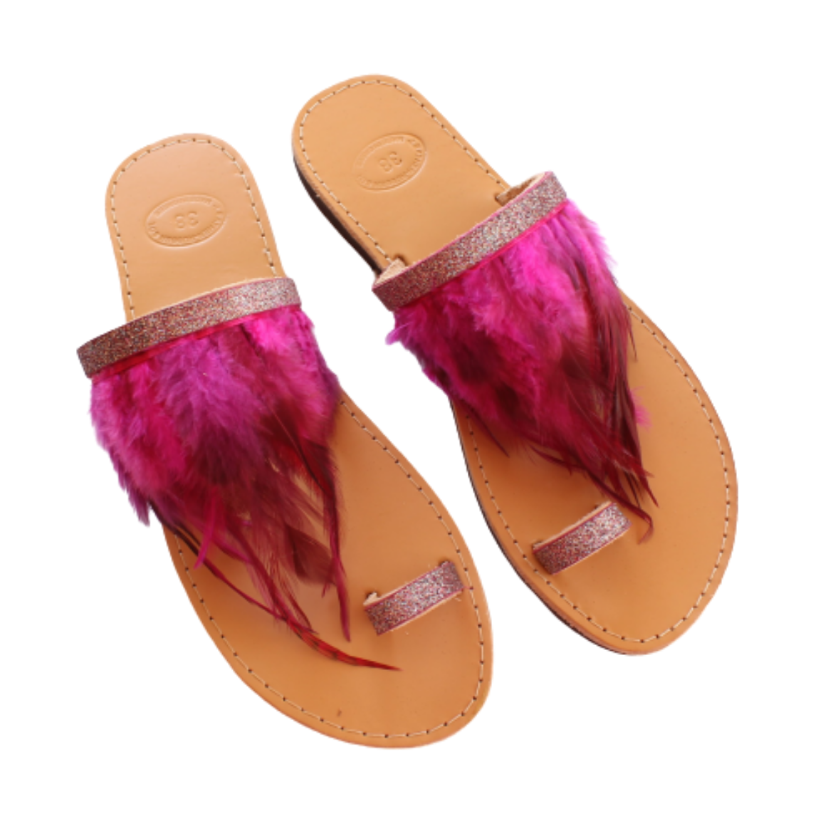 Picture of Handmade woman leather sandals with pink feathers No 38
