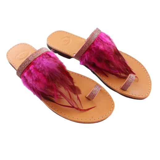 Picture of Handmade woman leather sandals with pink feathers No 38
