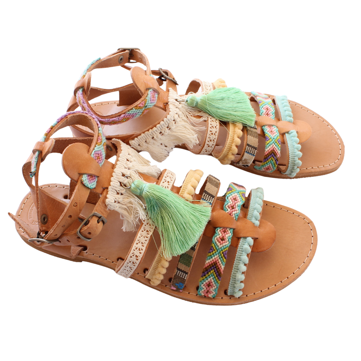 Picture of Handmade leather sandals gladiator green with tassels No 40