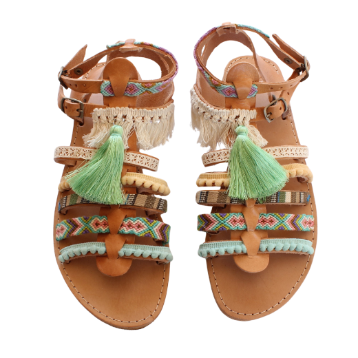 Picture of Handmade leather sandals gladiator green with tassels No 40