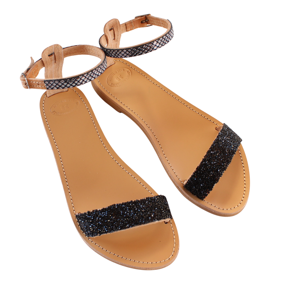Picture of Handmade woman leather sandals with black stones No 38