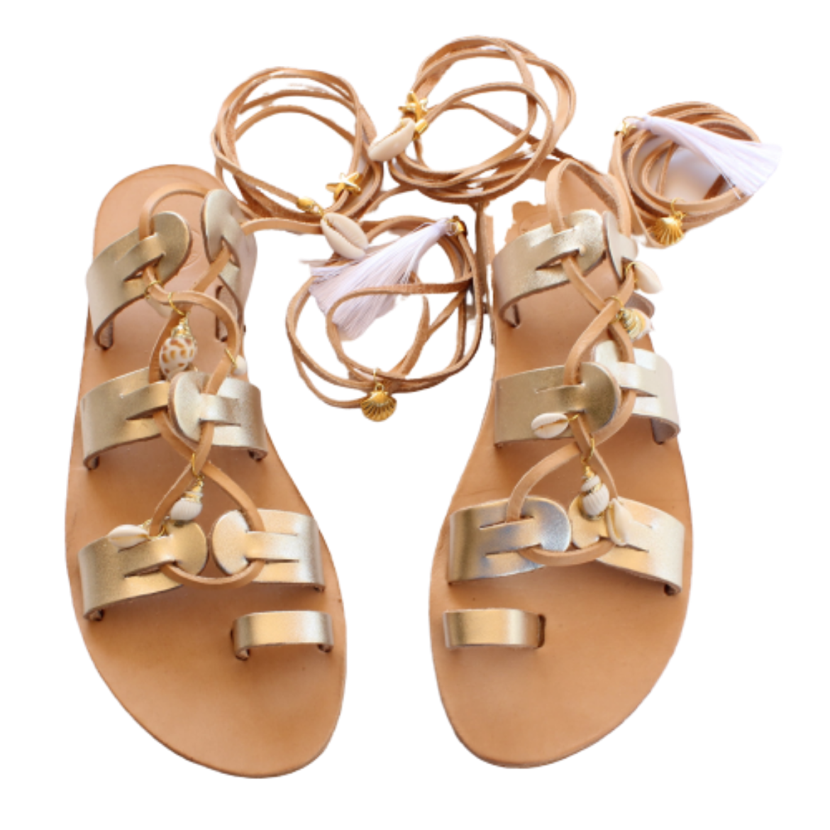 Picture of Handmade leather sandals gold with seashells No 38