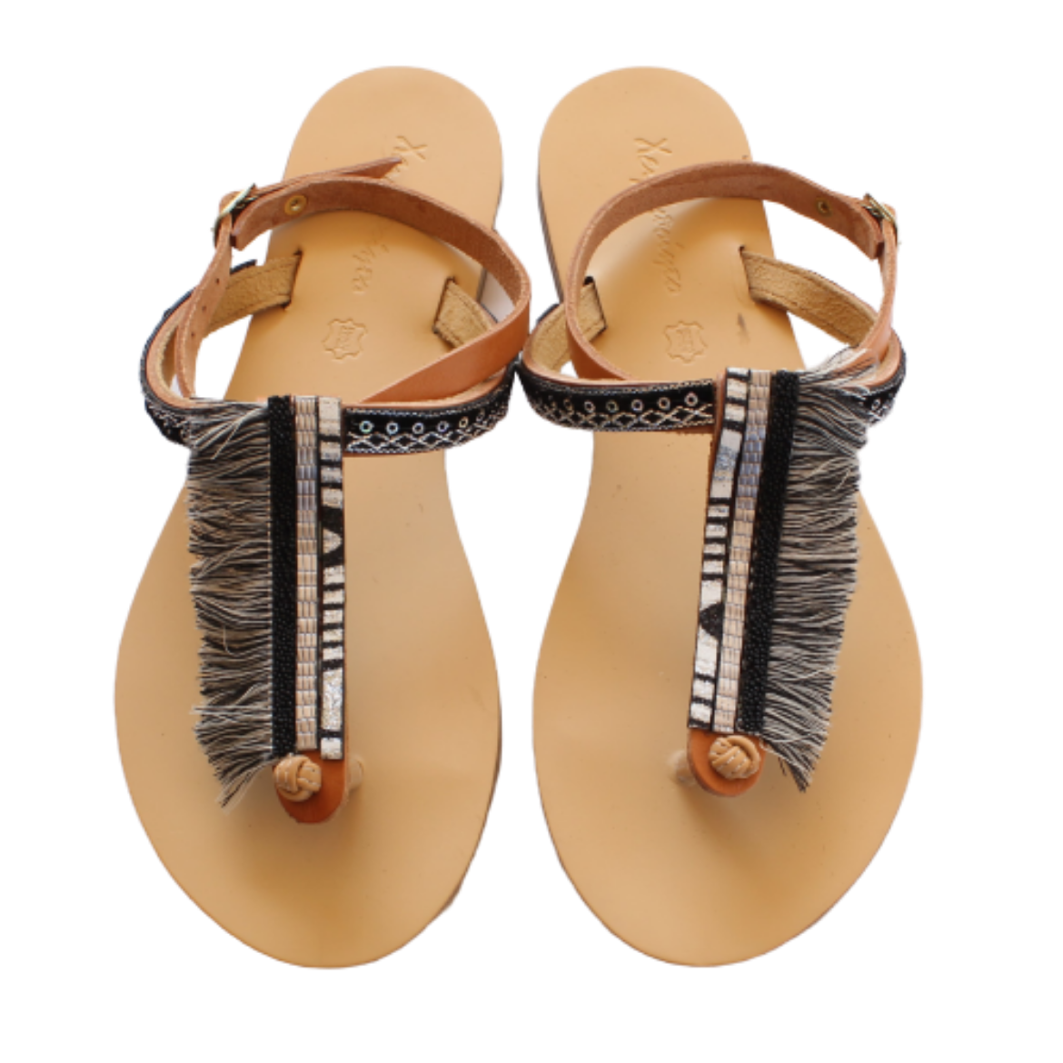 Picture of Handmade woman leather sandals black with fringes Νo 38