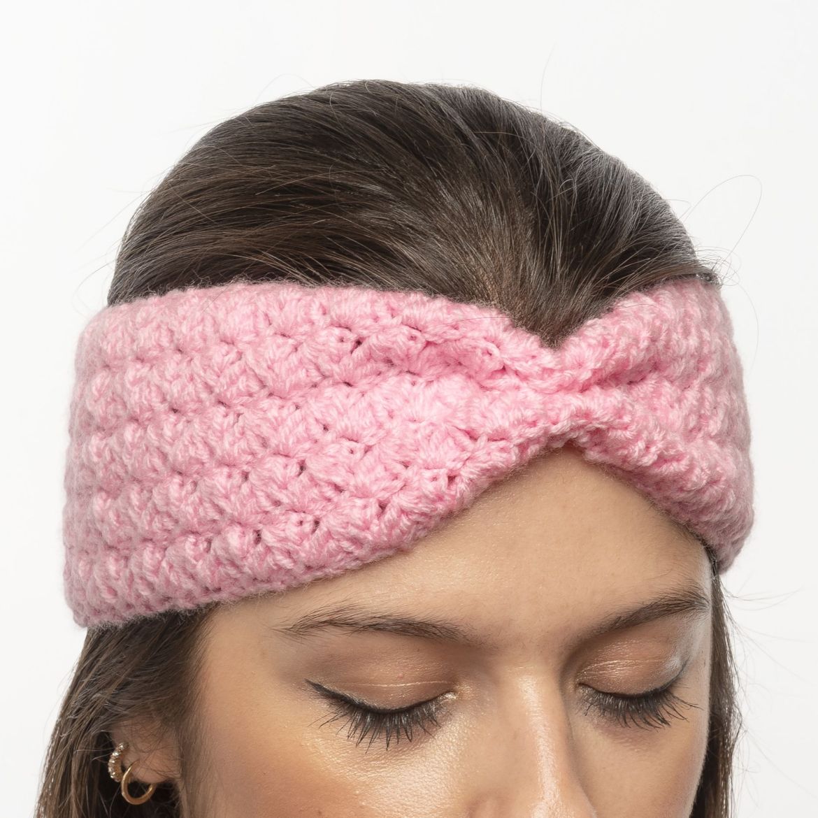 Handmade crochet headband with gathered front in baby pink