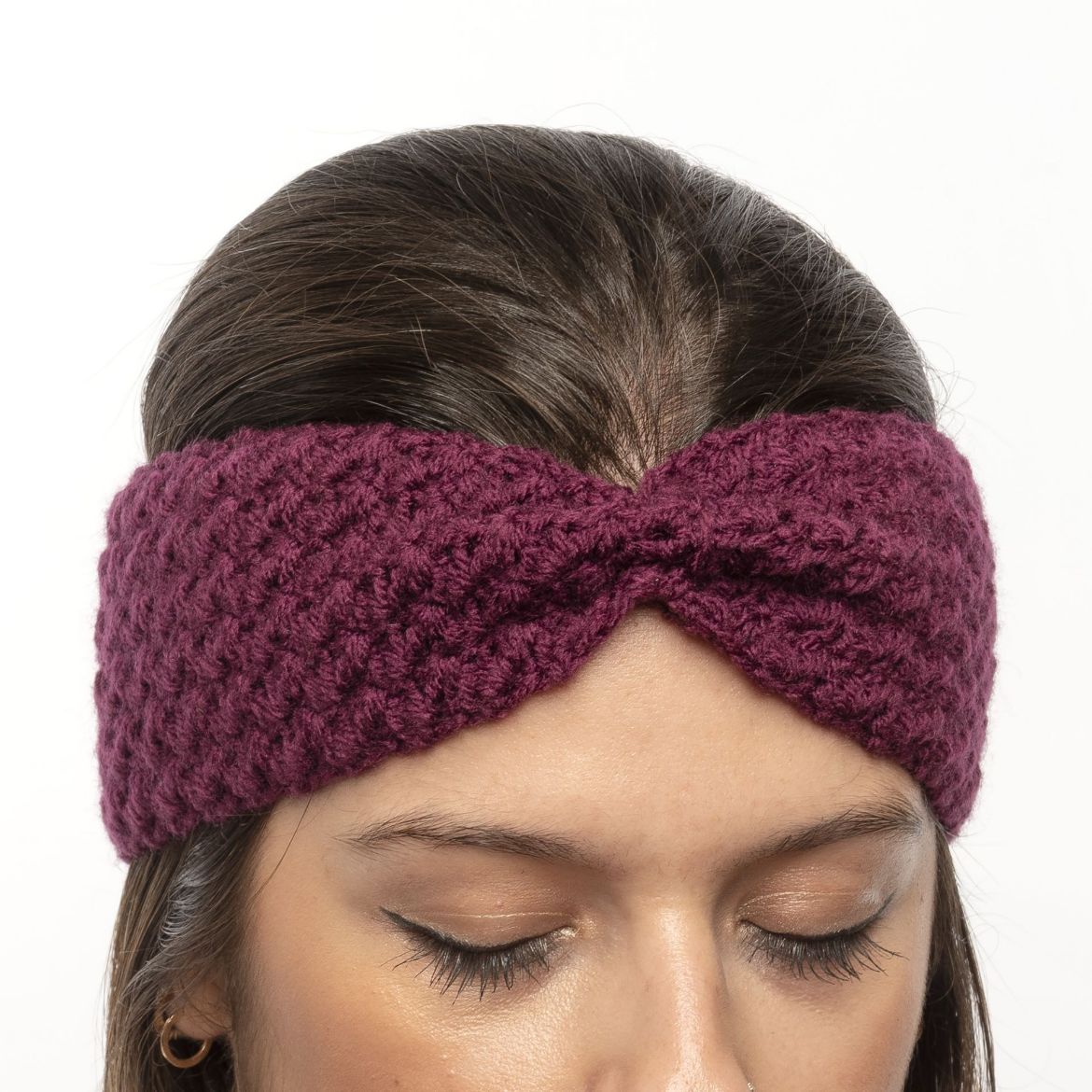 Handmade crochet headband with gathered front in dark purple