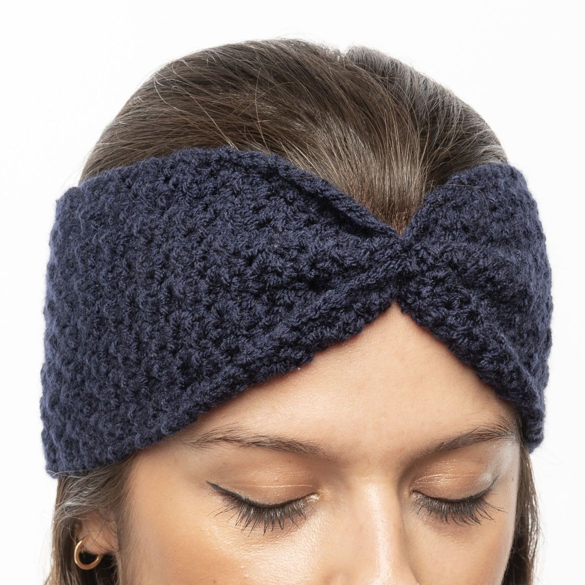 Handmade crochet headband with gathered front in navy blue