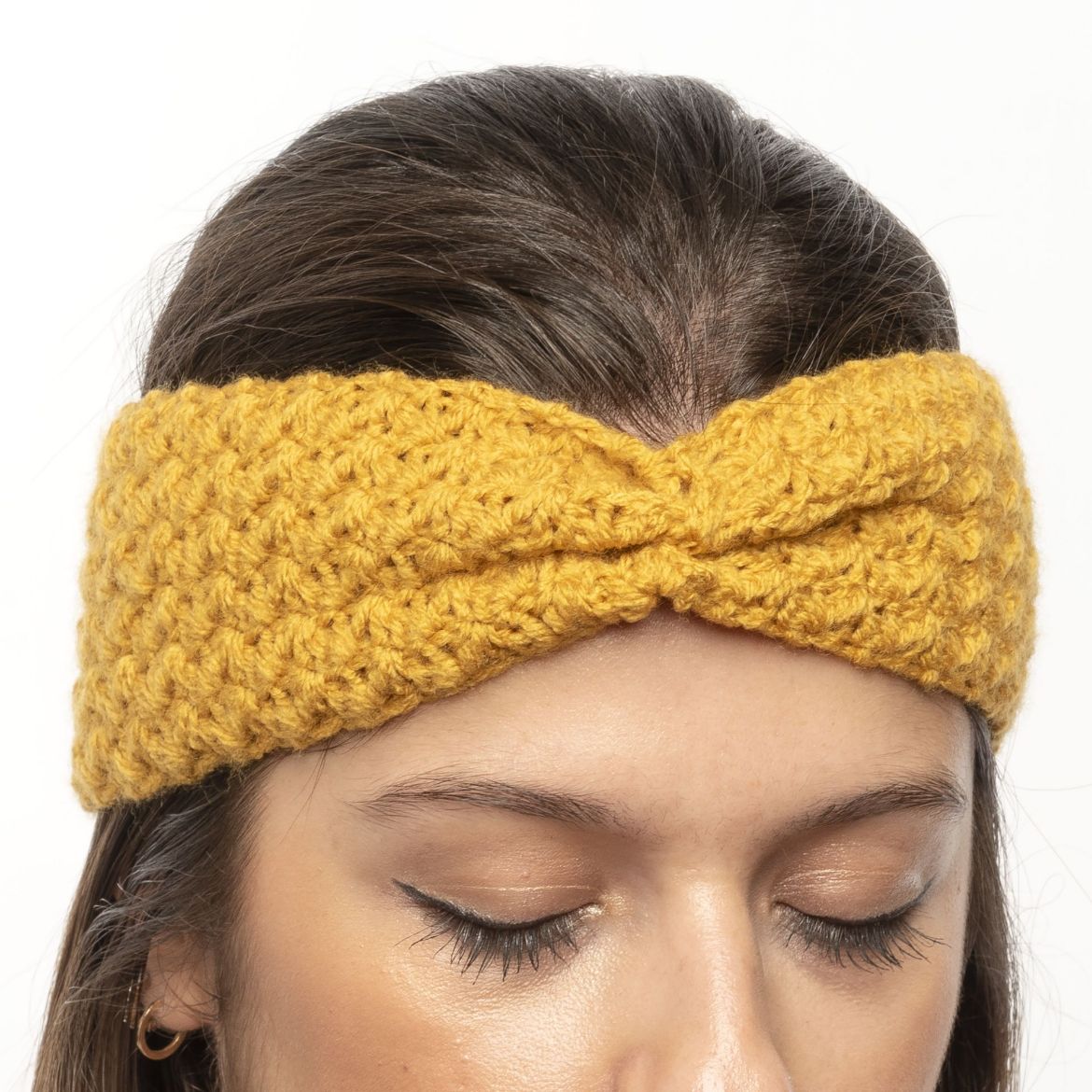 Handmade crochet headband with gathered front in mustard