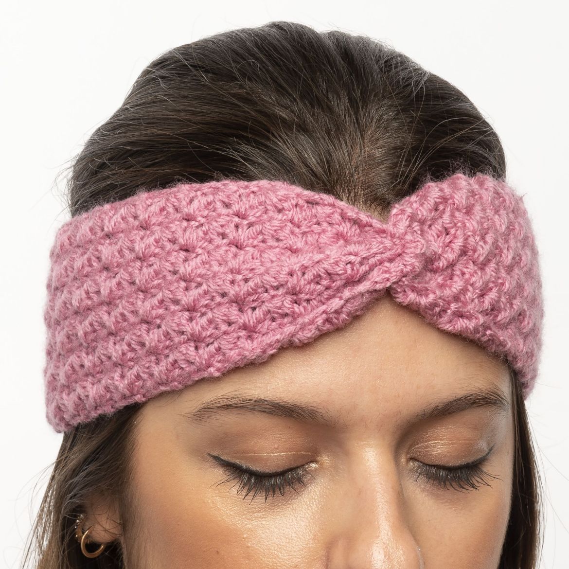 Handmade crochet headband with gathered front in pink