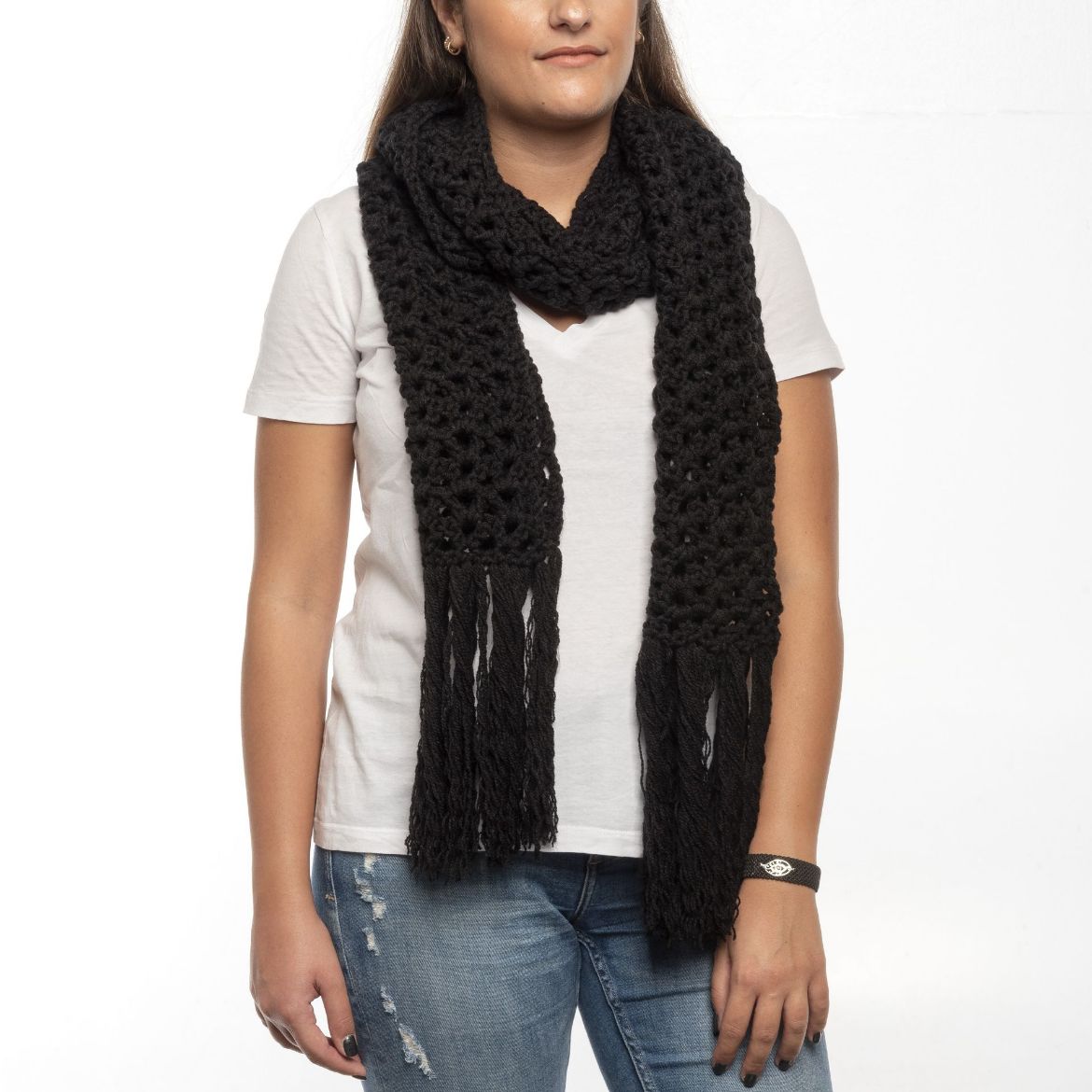 Handmade black crochet scarf with fringe