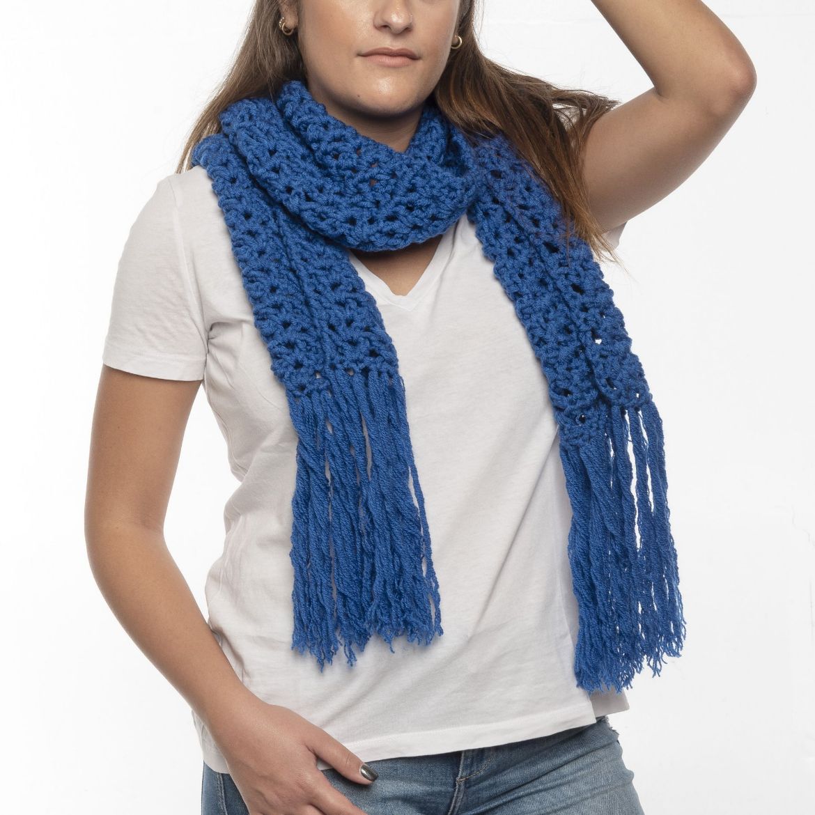Handmade blue crochet scarf with fringe