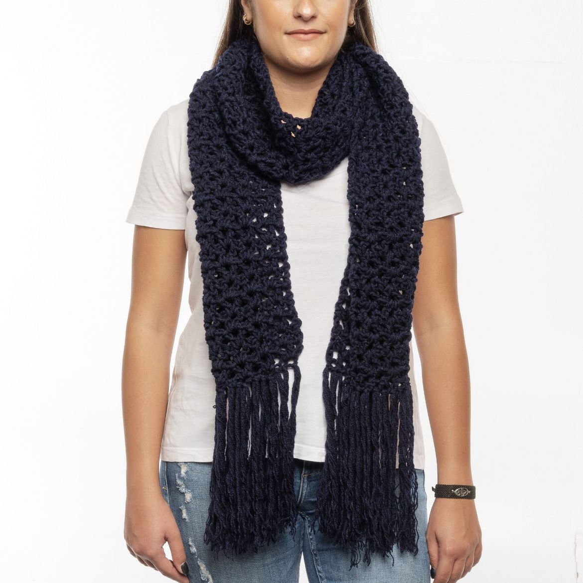 Handmade navy blue crochet scarf with fringe