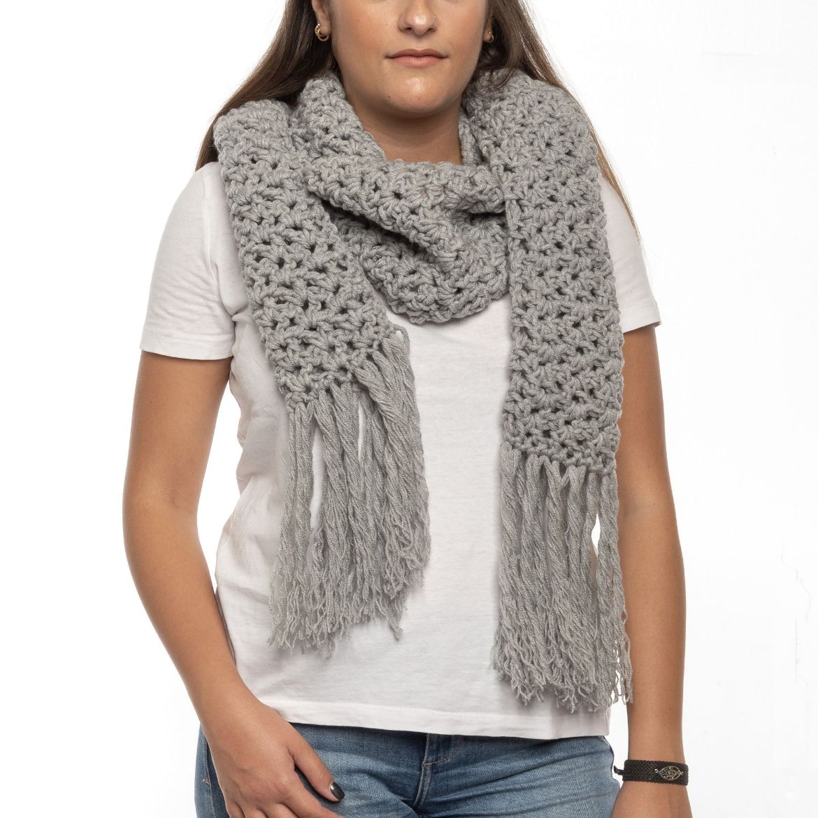 Handmade light gray crochet scarf with fringe
