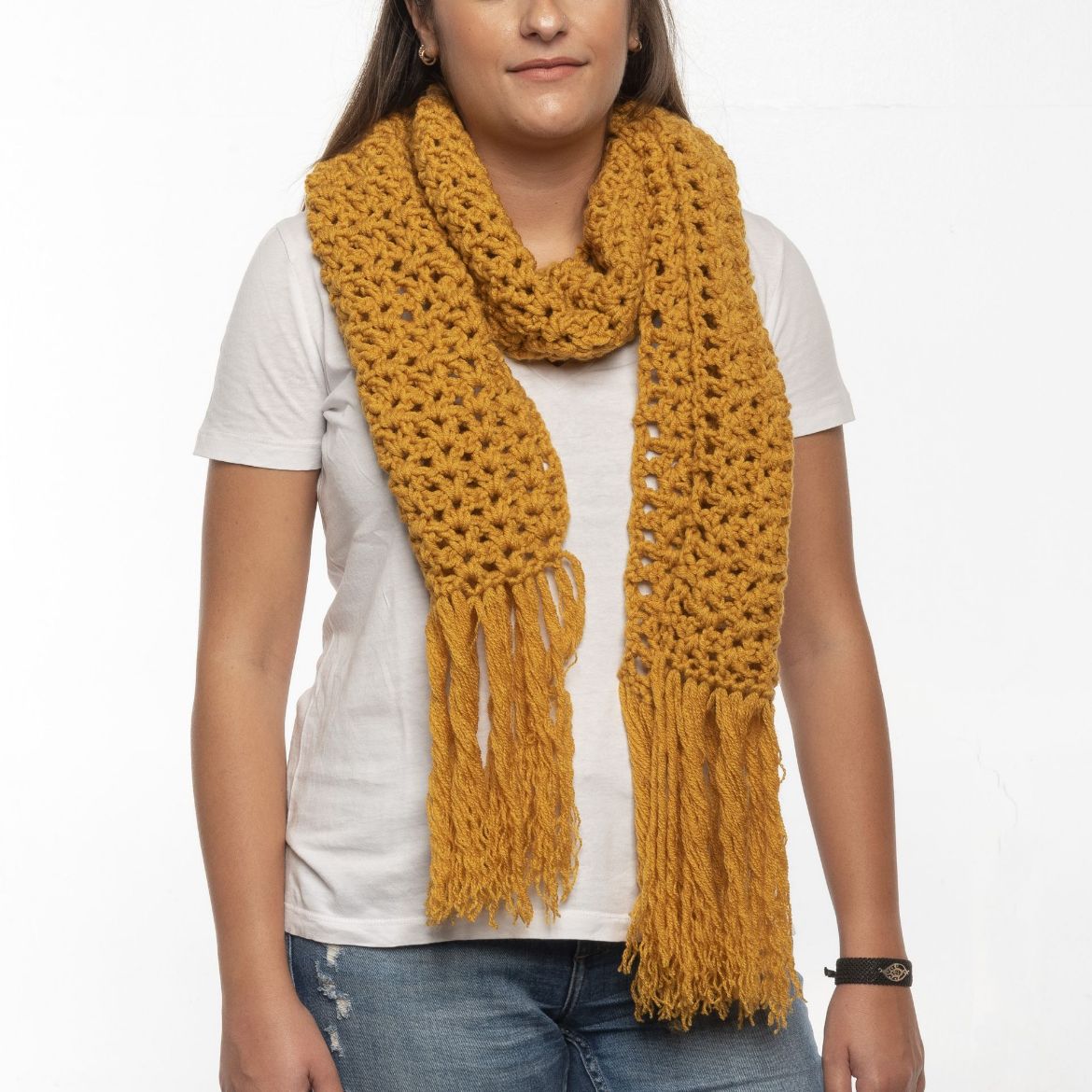 Handmade mustard crochet scarf with fringe