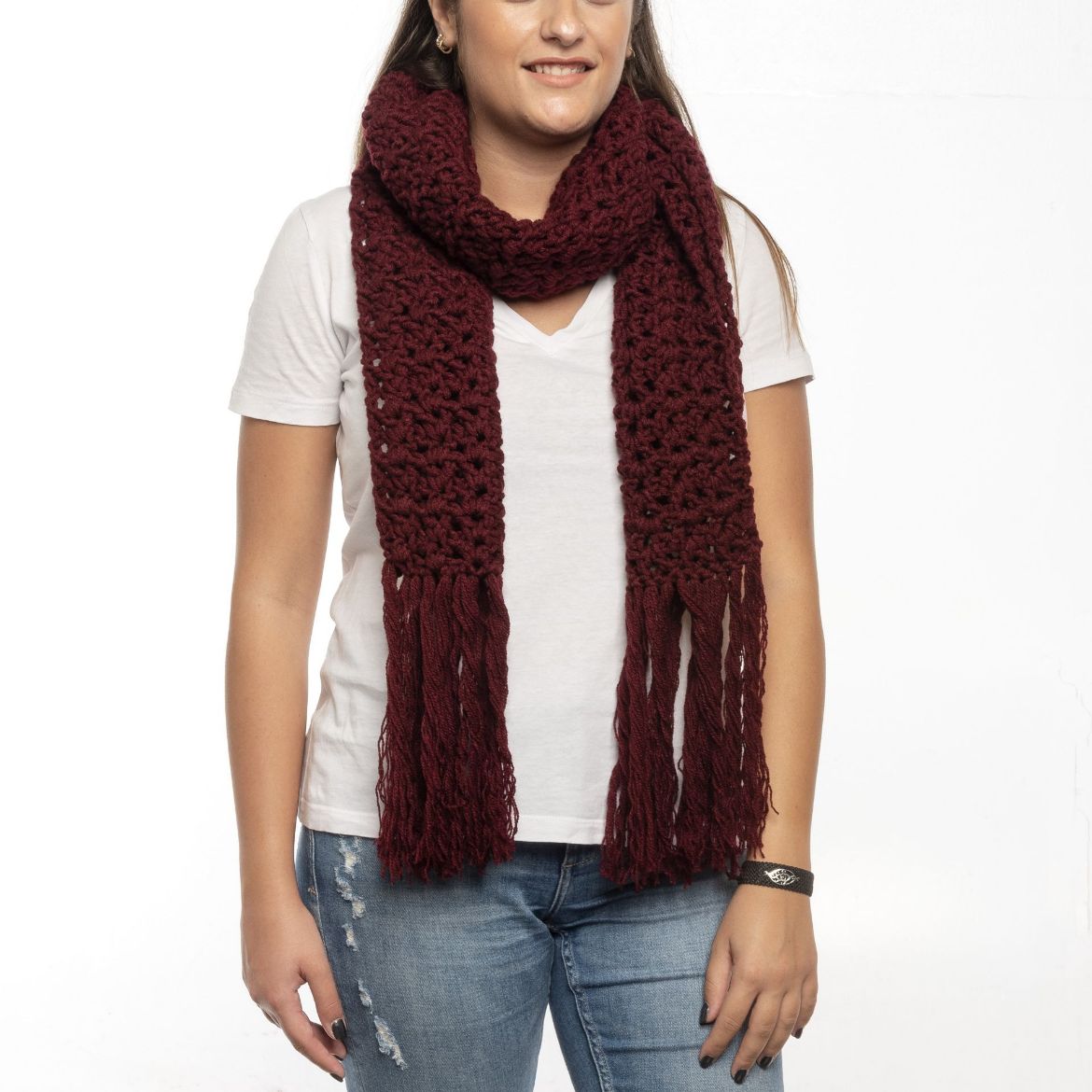 Handmade burgundy crochet scarf with fringe