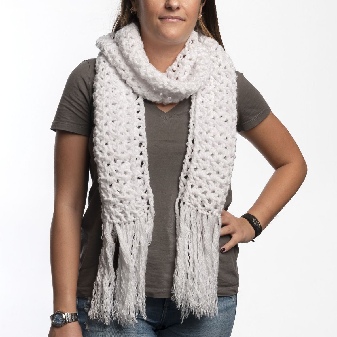 Handmade white crochet scarf with fringe