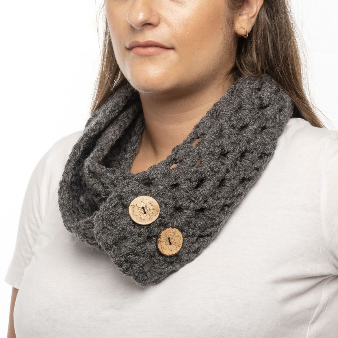 Handmade dark gray crochet scarf with buttons