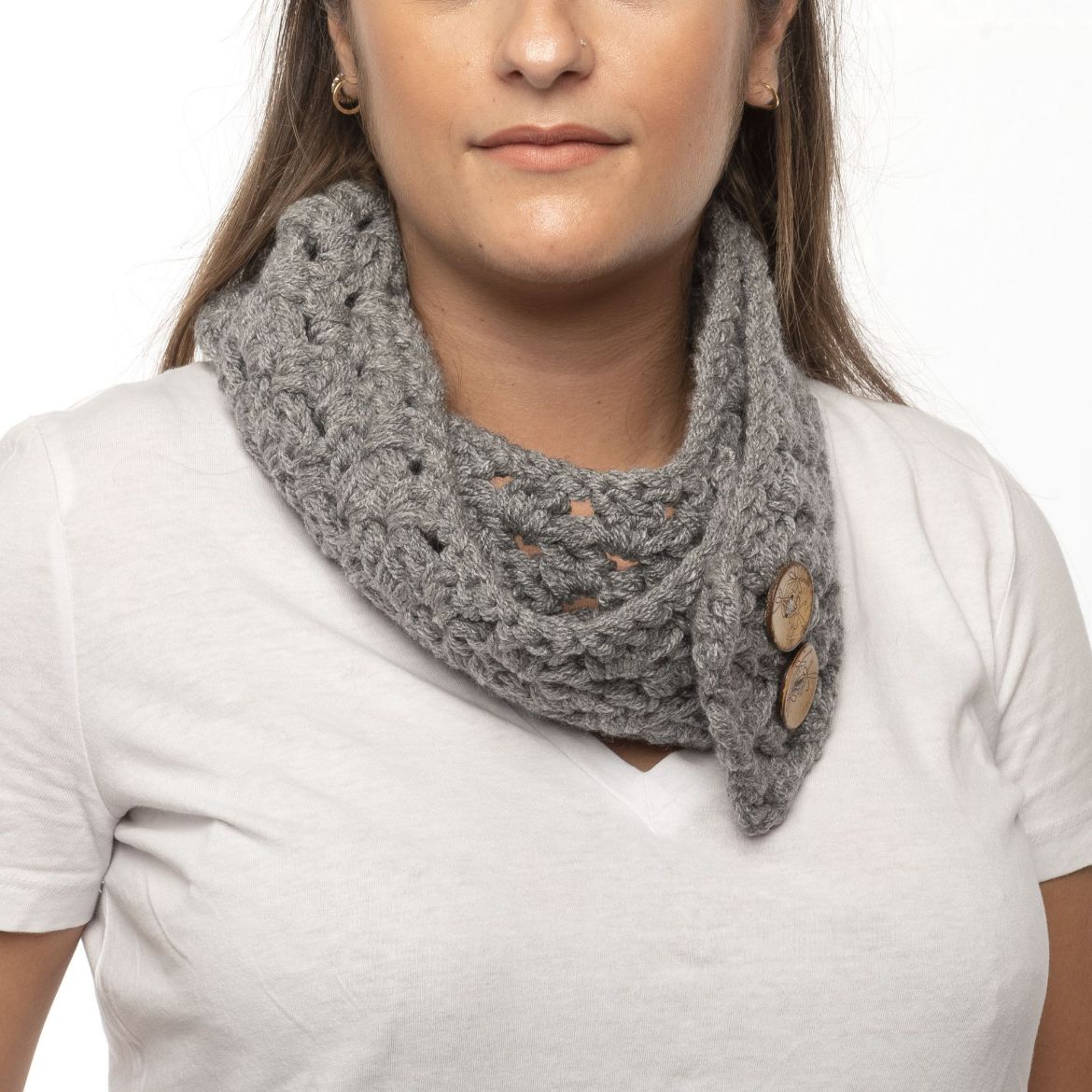 Handmade gray crochet scarf with buttons