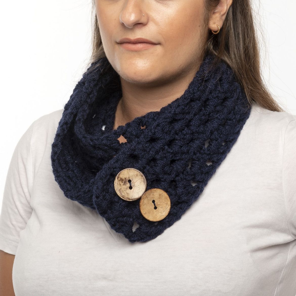Handmade navy blue crochet scarf with buttons