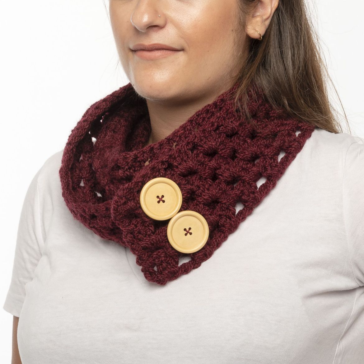 Handmade burgundy crochet scarf with buttons