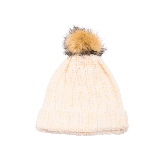 Picture of Handmade crochet beanie with faux fur pom in ivory