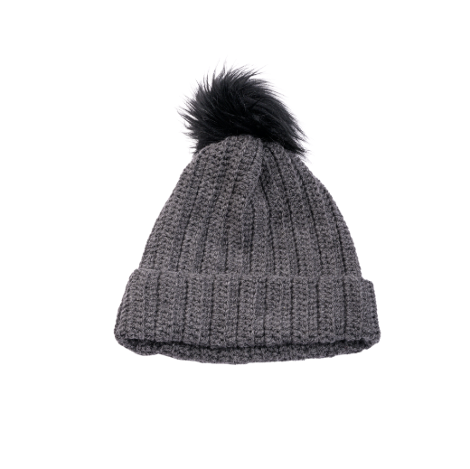 Picture of Handmade crochet beanie with faux fur pom in dark gray