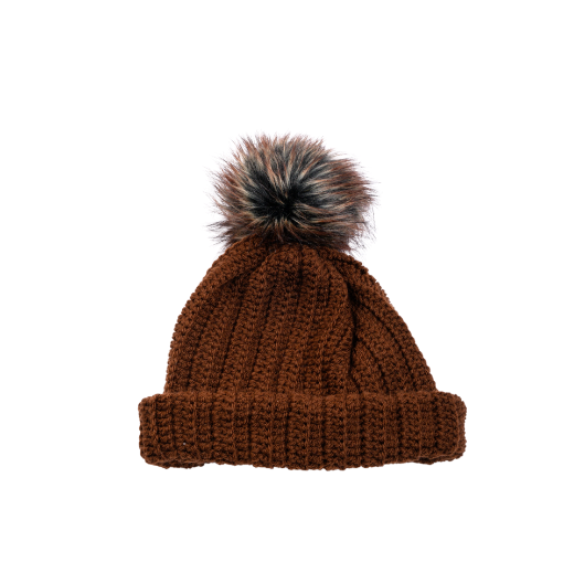Picture of Handmade crochet beanie with faux fur pom in brown