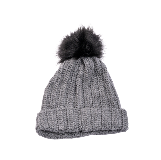 Picture of Handmade crochet beanie with faux fur pom in gray