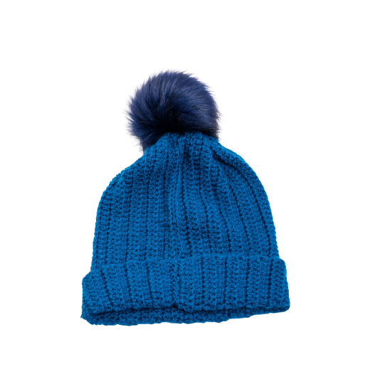 Picture of Handmade crochet beanie with faux fur pom in petrol blue