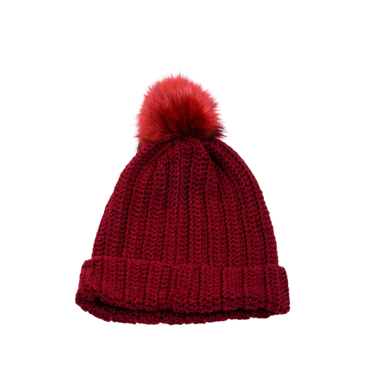 Picture of Handmade crochet beanie with faux fur pom in burgundy
