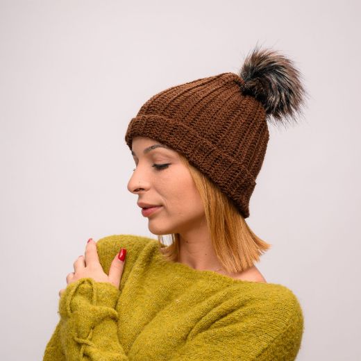 Picture of Handmade crochet beanie with faux fur pom in brown