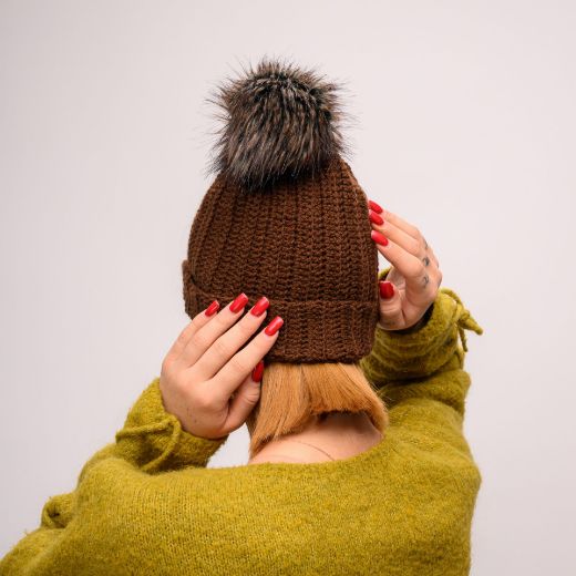 Picture of Handmade crochet beanie with faux fur pom in brown