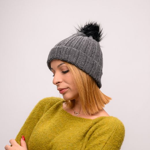 Picture of Handmade crochet beanie with faux fur pom in dark gray