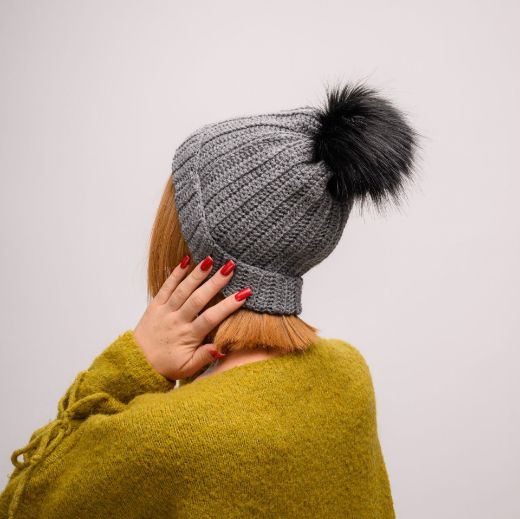 Picture of Handmade crochet beanie with faux fur pom in dark gray