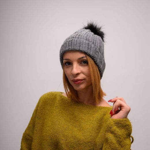 Picture of Handmade crochet beanie with faux fur pom in gray