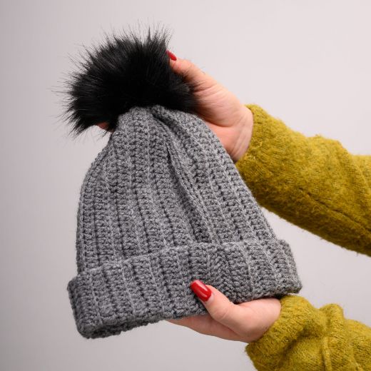 Picture of Handmade crochet beanie with faux fur pom in gray