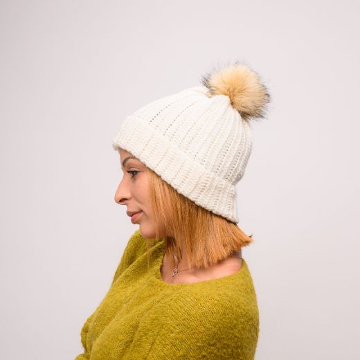 Picture of Handmade crochet beanie with faux fur pom in ivory