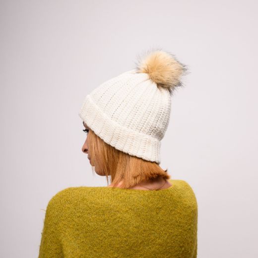 Picture of Handmade crochet beanie with faux fur pom in ivory