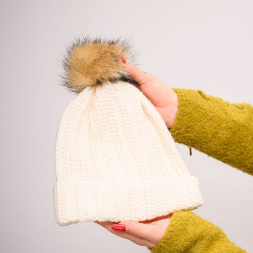 Picture of Handmade crochet beanie with faux fur pom in ivory