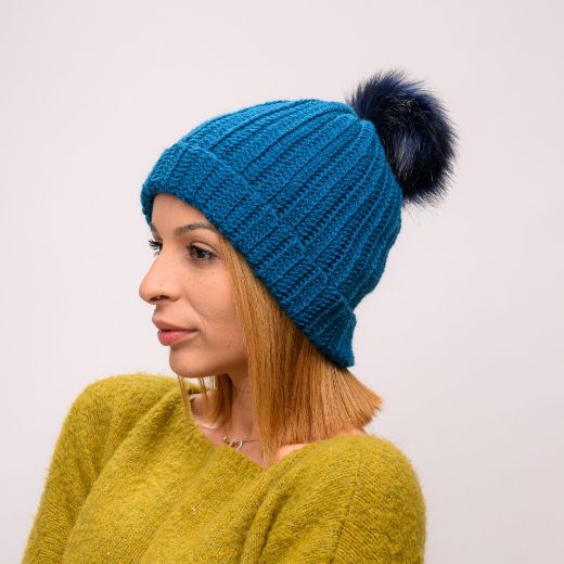 Picture of Handmade crochet beanie with faux fur pom in petrol blue