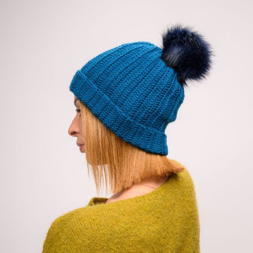 Picture of Handmade crochet beanie with faux fur pom in petrol blue