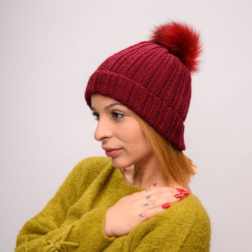 Picture of Handmade crochet beanie with faux fur pom in burgundy