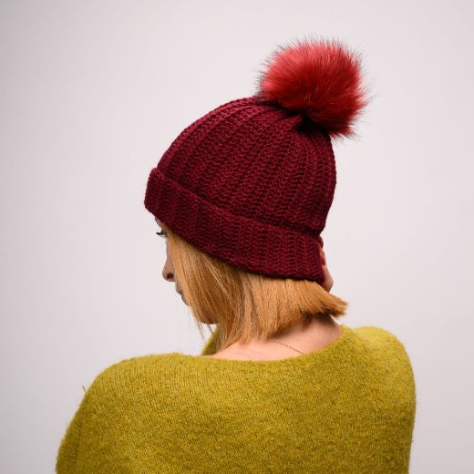 Picture of Handmade crochet beanie with faux fur pom in burgundy